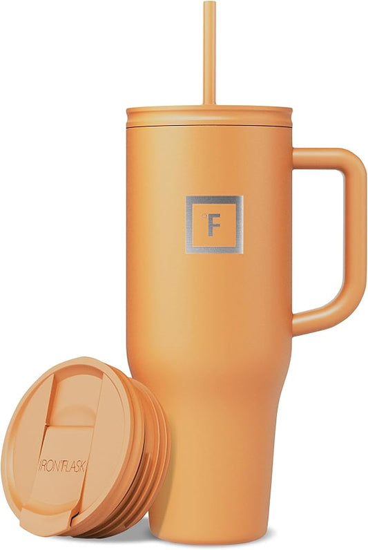 IRON °FLASK 40 oz Co-Pilot Insulated Travel Mug | Insulated Travel Mug with Straw & Flip Cap Lids - Cup Holder Fit, Leakproof, BPA Free (Clementine) by IronFlask