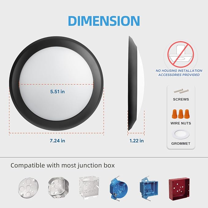 ECOELER 5/6 Inch Dimmable LED Disk Lights, 16.5W Black Flush Mount Disc Downlight, 1100lm 3000K Warm White, Low Profile Surface Mount Ceiling Light for J-Box or Recessed Can, ETL-Listed, 6 Pack - Image 6
