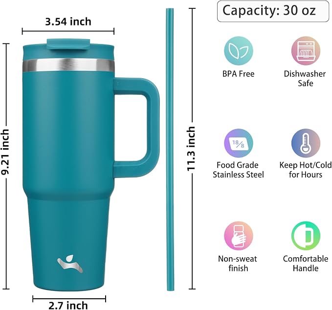Konokyo 30 oz Insulated Tumbler Water Bottle with Handle, Straw Lid | BPA-free and dishwasher safe; made for gym, travel, coffee and gifting, 2 straws, cup holder friendly,Blue - Image 4