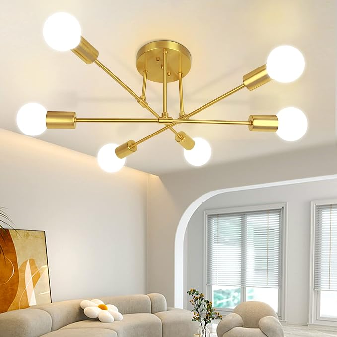 CANMEIJIA Modern Sputnik Chandelier, Ceiling Light Fixture Flush Mount 6-Lights Gold Chandeliers for Living Room Bedroom Dining Room Kitchen, Mid Century Chandeliers, E26 Base, Bulbs Not Included by CANMEIJIALighting