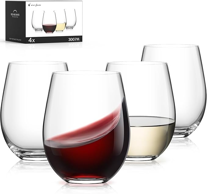 Stemless Wine Glasses Set of 4, 15oz Red White Wine Glass, No Stem | Glassware, Sturdy Drinking Glass, Home Bar, Daily Use, Hosting, Evening Party, Birthdays, Housewarming by LUNAMANTHA