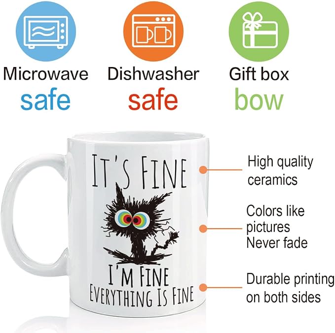 FALJIOK Funny Cat Coffee Mug Gifts for Cat Lover, It's Fine I'm Fine Mug White 11oz, Funny Gifts for Best Friend Bestie, Cats Lover Gift for BIrthday Christmas - Image 4