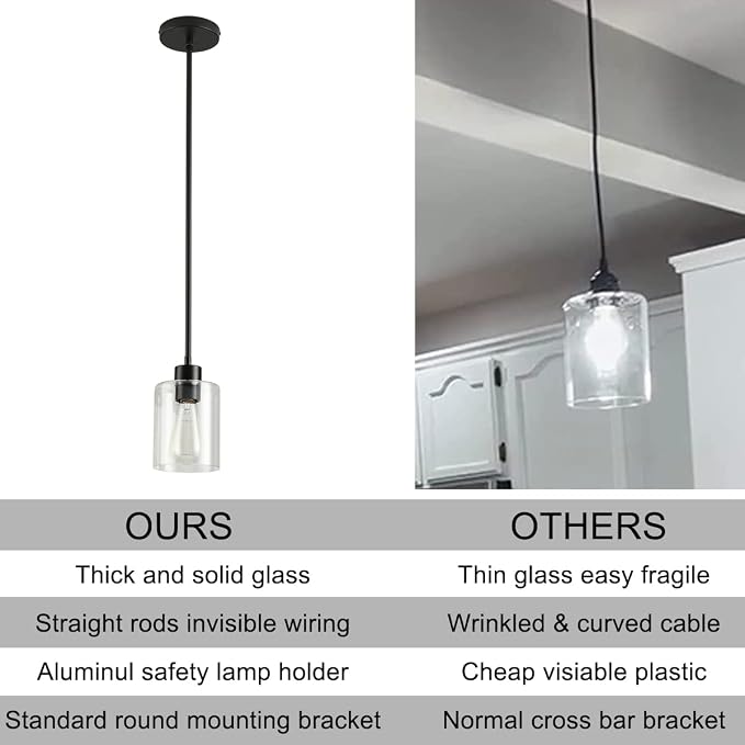 Black Pendant Lights Kitchen Island,Modern Farmhouse Glass Pendant Light,Light Fixture Kitchen Pendant Mini Hanging Light Fixture for Sink (Black 2 Pack Stem Rod) - Image 7