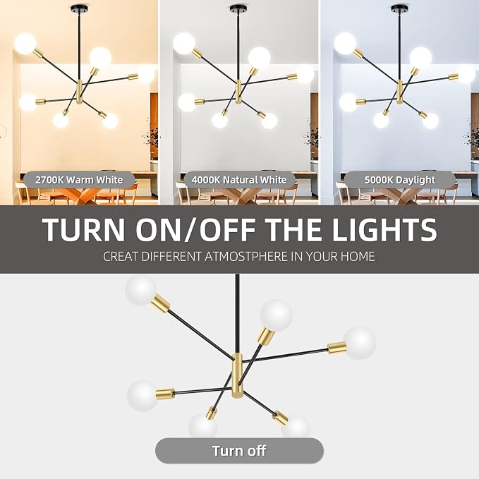 CANMEIJIA Modern Sputnik Chandelier 6-Light, Mid Century Modern Industrial Black Gold Ceiling Light Fixture for Dining Room Kitchen Island Bedroom Living Room(Black and Gold) - Image 2