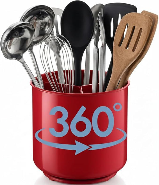 Extra Large Rotating Red Utensil Holder with Sturdy No-Tip Weighted Base, Removable Divider, and Gripped Insert | Rust Proof and Dishwasher Safe Kitchen Utensils Holder by Cooler Kitchen 7*7 Inches by CoolerKitchen