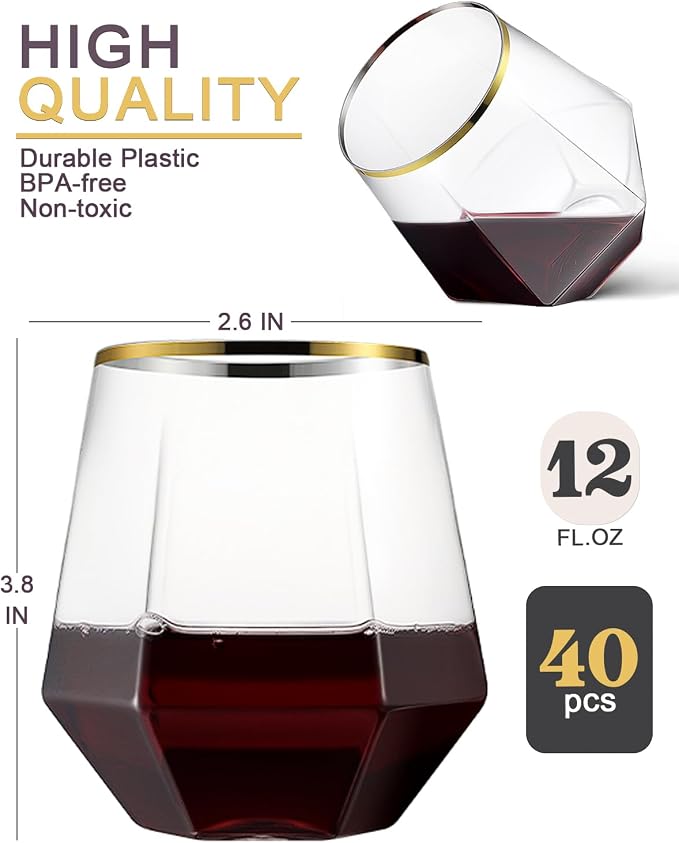 40 Pack Plastic Wine Glasses, 12 Oz Disposable Cocktail Whiskey Glasses | Gold Rimmed Diamond Stemless Champagne Margarita Glasses, Clear Unbreakable Reusable Plastic Cups for Party Wedding Birthday - Image 6