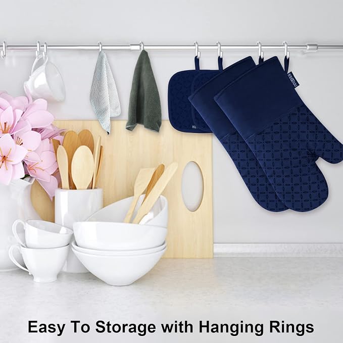 KEGOUU Oven Mitts and Pot Holders 6pcs Set, Kitchen Oven Glove High Heat Resistant 500 Degree Extra Long Oven Mitts and Potholder with Non-Slip Silicone Surface for Cooking(Marine Blue) - Image 4