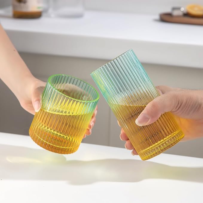 Ribbed Drinking Glasses 8pcs, 12oz and 10oz Glassware, Tumbler Glasses Cup Set for Wedding, Party, Christmas Gift, Golden Green - Image 4