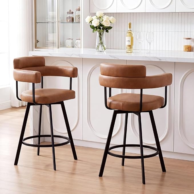 Flouki Swivel Bar Stools with Backs and Arms, Modern Faux Leather Counter Stools Set of 2 for Kitchen Island, 26" Upholstered Counter Height Bar Stools for Kitchen Counter, Dining Room, Brown by Flouki