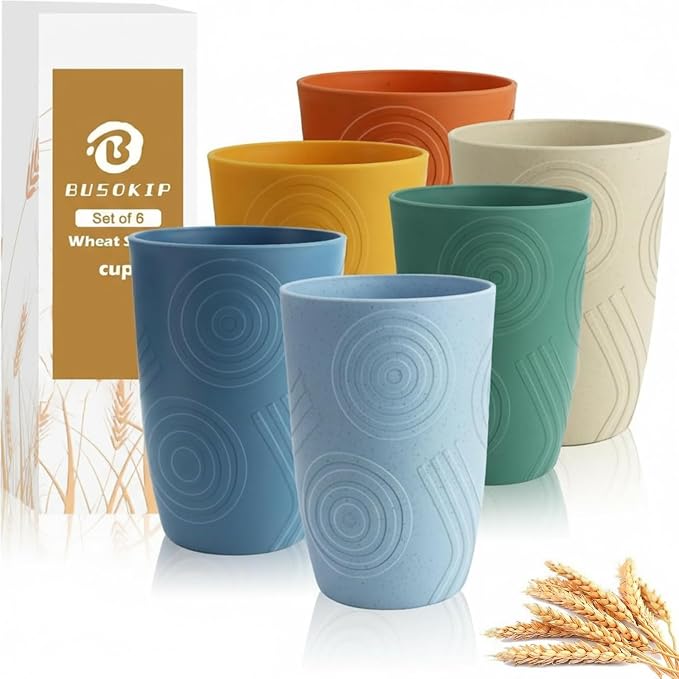 Wheat Straw Cups 16 OZ, Plastic Drinking Glasses, Drinking Cup, Unbreakable Kitchen Cups Sets of 6, Microwave & Dishwasher Safe Water Glasses, Reusable Plastic Cup for Party (Multicolor) by BUSOKIP