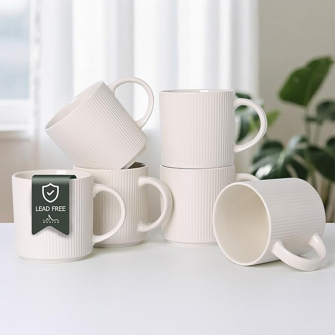 MONITO Coffee Mugs Set of 6, 16 oz Mugs Set, Ceramic Coffee Cups with Large Handles, Suitable for Lattes, Hot tea, Cappuccinos, Mochas and Cocoa,White by MONITO