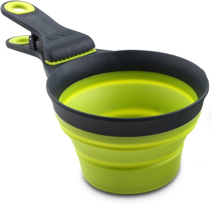 Dexas Popware for Pets Collapsible Klip Scoop, 3 in 1 Design Convenient Measuring Cup, Food Scooper and Bag Clip,1 Cup Capacity Pet Food Scoop, Versatile Food Measuring Cups Portion Control Gray/Green
