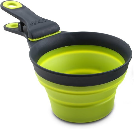 Dexas Popware for Pets Collapsible Klip Scoop, 3 in 1 Design Convenient Measuring Cup, Food Scooper and Bag Clip,1 Cup Capacity Pet Food Scoop, Versatile Food Measuring Cups Portion Control Gray/Green