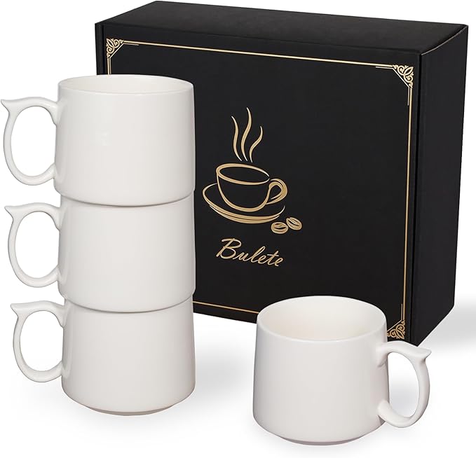 Coffee Mugs Gift Set of 4, Large 19 oz Stackable Ceramic Coffee Mug, Coffee Cups with Large Handle for Latte, Cappuccino, Milk, Dishwasher & Microwave Safe, Ideal Gift for Men, Women - White by Bulete