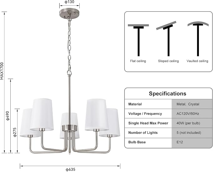 Modern Brushed Nickel 5-Light Chandelier, Farmhouse Industrial Dining Room Light Fixture Over Table with White Fabric Shade, Hanging Pendant Lighting for Kitchen Island Bedroom Living Room Entryway - Image 5