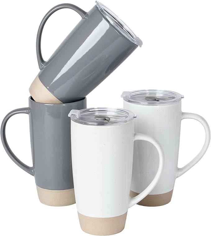 famiware Milkyway Coffee Mugs, 20oz Large Coffee Mug, Ceramic Mug Set of 4 with Lid, Cup Set with Handle for Latte, Tea, Cocoa, Milk, Home & Office, White and Dark Gray by Famiware