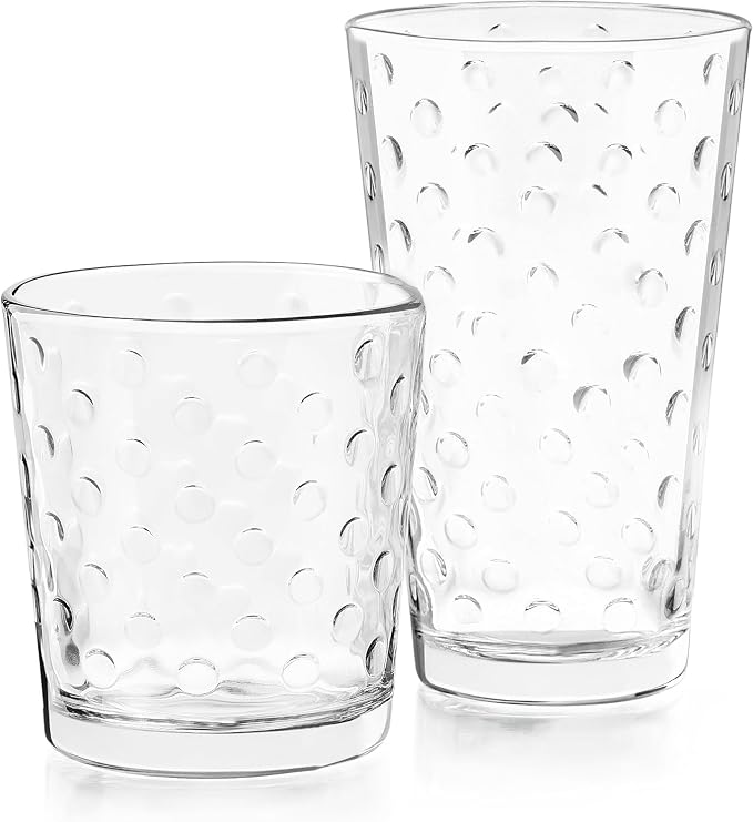 Libbey Awa Polka Dot Tumbler & Rocks Drinking Glasses Set of 16, Glass Cups | 16 oz and 13 oz Capacity Vintage-Inspired Polka Dot Texture for Water, Juice, Cocktails & More, Dishwasher Safe Cleanup - Image 9
