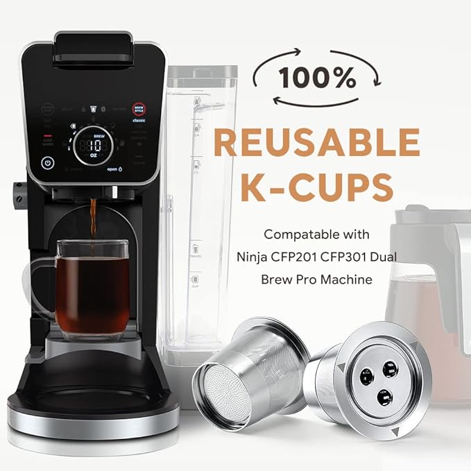 Stainless Steel Reusable Ninja K Cups Pods Compatible with Ninja CFP201 CFP301 Dual Brew Pro Machine 3 Hole Refillable Coffee Pods Permanent K Cups Filters Coffee Accessories
