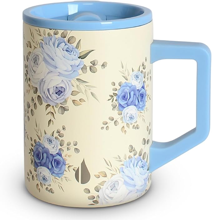 Elemental Insulated Coffee Mug - Triple-Wall Stainless Steel Summit Travel Cup for Hot and Cold Drinks - Thermal Coffee Mug with Lid and Handle for Camping, Office & Travel 16oz - Blue Blooms by Elemental