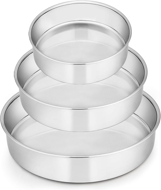 E-far Cake Pan Set of 3 (6 inch/8 inch/9½ inch), Stainless Steel Round Layer Cake Baking Pans, Perfect for Birthday Wedding Tier Cake, Non-Toxic & Healthy, Mirror Finish & Dishwasher Safe by E-far