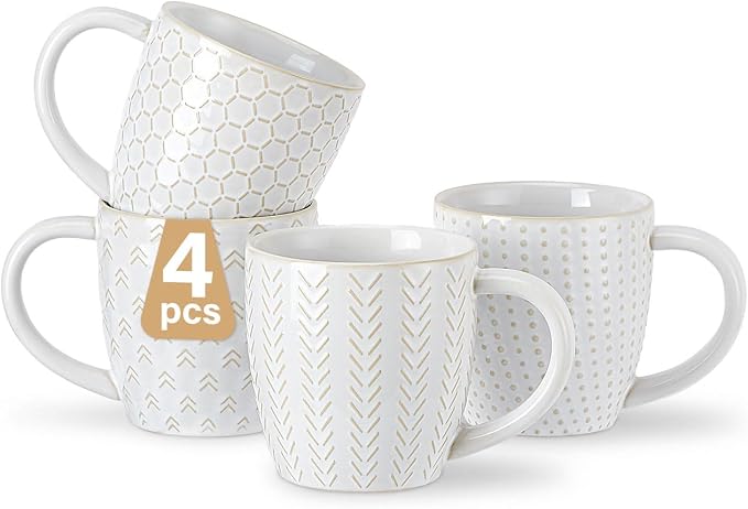 Lareina Coffee Mug Set of 4, 12 oz Ceramic Embossment Mug Set for Latte, Hot Tea, Cappuccino, Mocha, Cocoa, Housewarming Wedding Gift, Ivory White by Lareina
