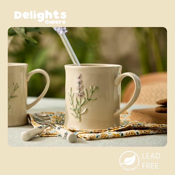 Artisanal Handcrafted Ceramic Mug with Sage Botanical Design - 10oz Off-White Stoneware Coffee Cup, Elegant Purple Sage Pattern, Dishwasher Safe, Comfort Grip Handle for Daily Use-4pack - Image 3