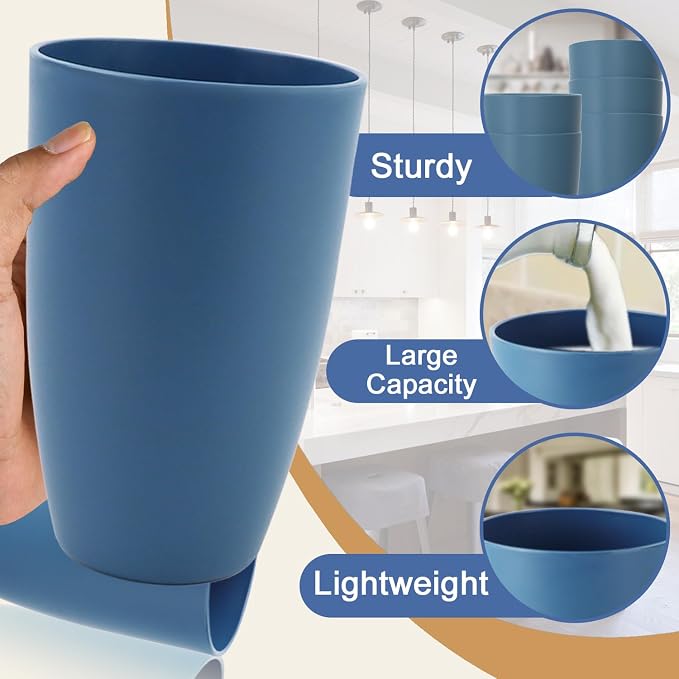 20 OZ Large Drinking Cups, Wheat Straw Cups Set of 6, Unbreakable Plastic Tumblers, Big Kitchen Cups Microwave & Dishwasher Safe Water Glasses for Kitchen, Bathroom, Party - Blue - Image 4