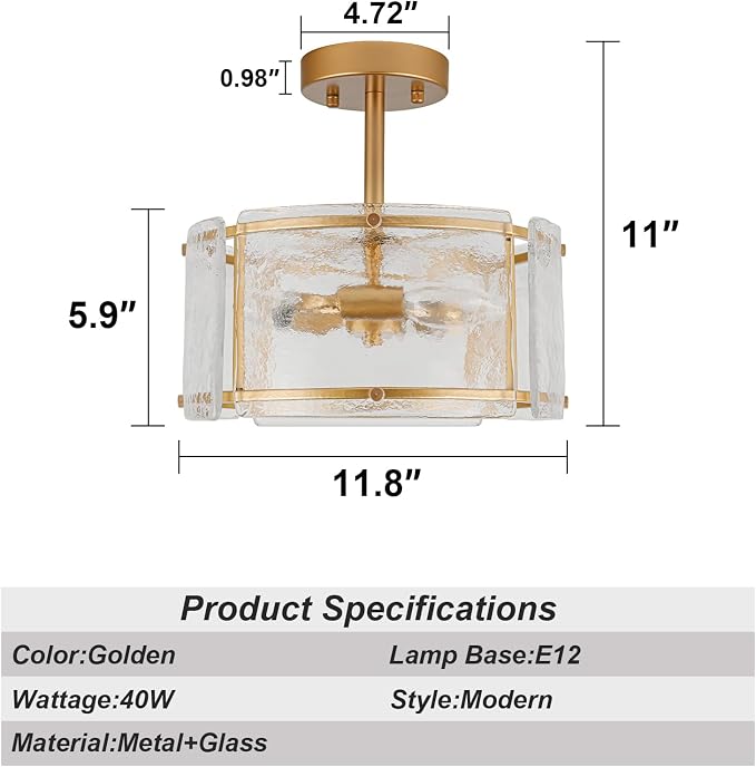 Gold Semi Flush Mount Ceiling Light Fixture for Foyer,Entryway,Hallway | 11.8" Small 3 Light Drum Modern Farmhouse Glass Ceiling Light Fixtures for Kithcen,Bedroom,Dining Room,Bathroom - Image 3
