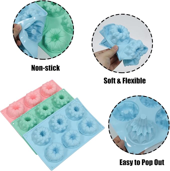 3 Pcs Mini Fluted Tube Cake Pan, 6-Cavity Silicone Non-Stick Small Cake Baking Mold for Cupcakes Cornbread Brownies Donuts Jello(Style2) - Image 3