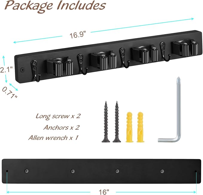 OUTNILI Black Mop Broom Holder Wall Mount with 4 Slots & 4 Hooks - Rustic Wood Broom Mop Hanger for Pantry Closet Laundry Room Organization - Heavy Duty Garden Tool Organizer - Black Kitchen Decor - Image 6