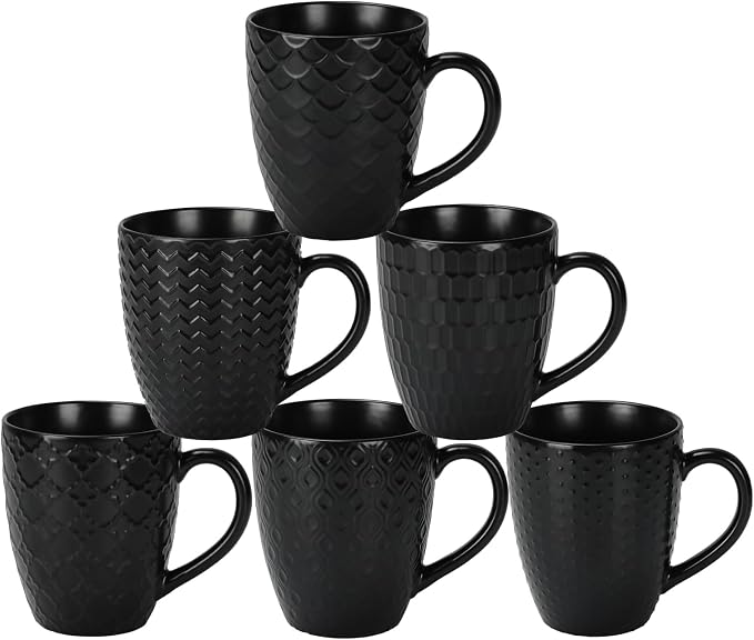 16 OZ Bone Coffee Mugs Set of 6 Matte Black | Large Ceramic Coffee Mugs Set with Different Texture Patterns, Porcelain Cups with Handle for Espresso Latte Tea Milk by Serwrsw