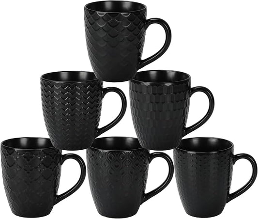 16 OZ Bone Coffee Mugs Set of 6 Matte Black | Large Ceramic Coffee Mugs Set with Different Texture Patterns, Porcelain Cups with Handle for Espresso Latte Tea Milk by Serwrsw