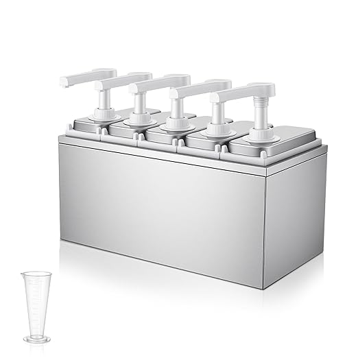 2.11 Quart Stainless Steel Sauce Pump Dispenser,Condiment Pump Station Detachable Leak-Proof Design for Sauce Honey Syrup Dressing,Commercial & Home Kitchen Use (5 Heads, 1L)