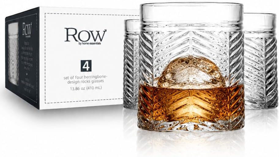 Set of 4 Double Old Fashioned Whiskey Glasses 13.86 oz, Heavy Base Rocks Glasses, Textured Herringbone Drinking Glasses, Bourbon Scotch Cocktail Tumblers - Image 9
