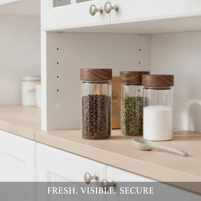Glass Storage Jar with Acacia Wood Lid, Borosilicate Food Canister for Coffee Beans Tea Sugar Dry Pantry Staples (1 PC) - Image 3