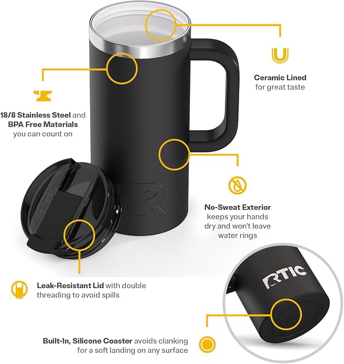 RTIC 16oz Road Trip Travel Mug with Lid and Handle, Ceramic Lined, Black | Stainless Steel Metal, Insulated Travel Cup for Hot and Cold Drinks, Coffee, Car, Camping and Travel - Image 3
