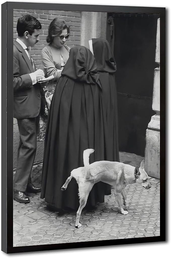 UXCBIA Dog Pees on Nun, Black And White, Vintage Funny Photo Humor Poster Canvas Poster Bedroom Decor Sports Landscape Office Room Decor Gift Black Frame 16x24in(40x60cm) by Unknown