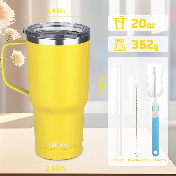 20 oz Insulated Coffee Mug with Ceramic Coating, Stainless Steel Travel Mug Tumbler with Handle Lid and Straw, Double Wall Leak-Proof Coffee Travel Mug Keeps Drink Hot and Cold (Yellow) - Image 2