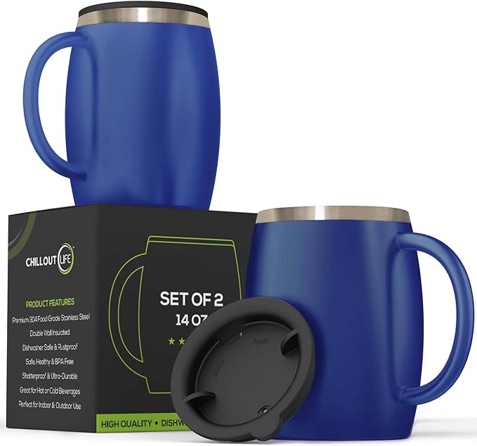 CHILLOUT LIFE Stainless Steel Insulated Coffee Mugs Set of 2 (14oz) – Double Wall Coffee Cups With Spill Resistant Lid & Strong Handle – Shatterproof Cups for Cold Drinks & Hot Beverages by CHILLOUTLIFE