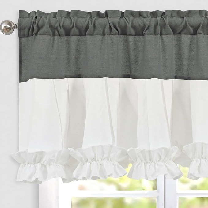 Likiyol Linen Valances for Windows Farmhouse Window Valances with Ruffle Rustic Country Light Filtering Kitchen Valance Curtains Rod Pocket Valance for Bathroom Cafe, Grey White, 52" W X 18" L - Image 2