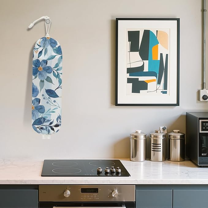 Watercolor Blue Flower Plastic Bag Holder, Wall Mount Grocery Bag Holder | Cottage Core Rustic Leaves Plastic Bag Holder, Reusable Grocery Bag Storage Dispenser, Farmhouse Kitchen Home Decor - Image 5
