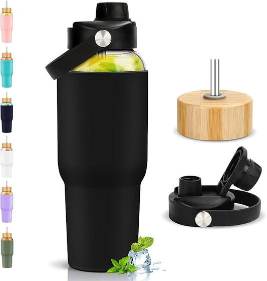 PROBTTL 40 oz Glass Tumbler with Handle - Sports Clear Borosilicate Glass Water Bottle with Straw, Silicone Sleeve, 2 Lids - Handle Spout & Bamboo Straw Lid, Fits Car Cup Holder, Leakproof(Black)
