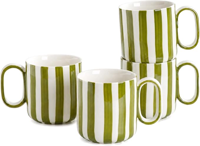 Ceramic Coffee Mugs Set of 4, 8.5 oz Stoneware Coffee Cups with Handle | Small Aesthetic Green Stripe Latte Tea Mug for Latte Tea Hot Chocolate, Microwave and Dishwasher Safe (8.5 oz) by Unknown