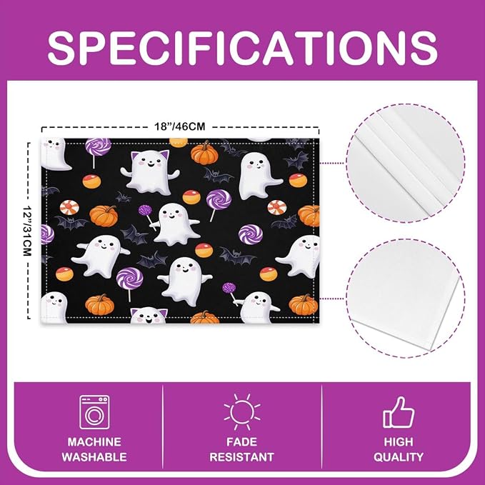 Feelyou Happy Halloween Placemats Set of 4 Cute Ghost Table Mats for Party Kitchen Dining Decoration Black and Orange Place Mat for Table Holiday Decor Indoor Outdoor 18"x12" Pumpkin Lantern - Image 4
