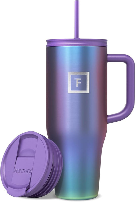 IRON °FLASK 40 oz Co-Pilot Insulated Travel Mug | Insulated Travel Mug with Straw & Flip Cap Lids - Cup Holder Fit, Leakproof, BPA Free (Aurora) by IronFlask