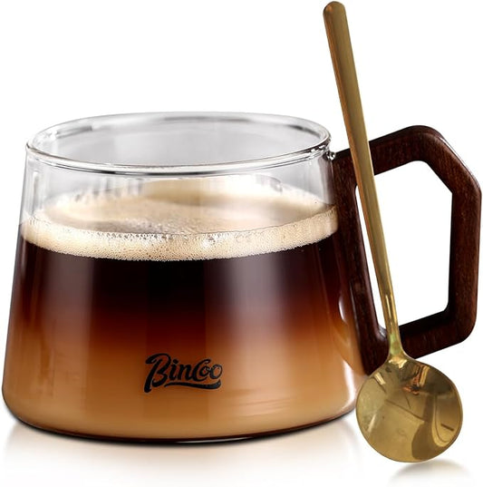Bincoo Glass Cappuccino Cups 12oz/340ml with Coffee Scoop,Thickened Clear Glass Coffee Mug with Wooden Handle for Espresso,Latte,Tea