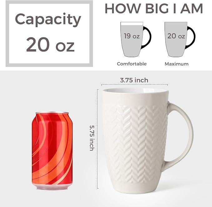 AmorArc Large Coffee Mugs Set of 6, 20oz Ceramic Tall Coffee Mugs Set with Textured Geometric Patterns for Coffee/Tea/Beer/Hot Cocoa, Dishwasher & Microwave Safe, Black&Beige - Image 3