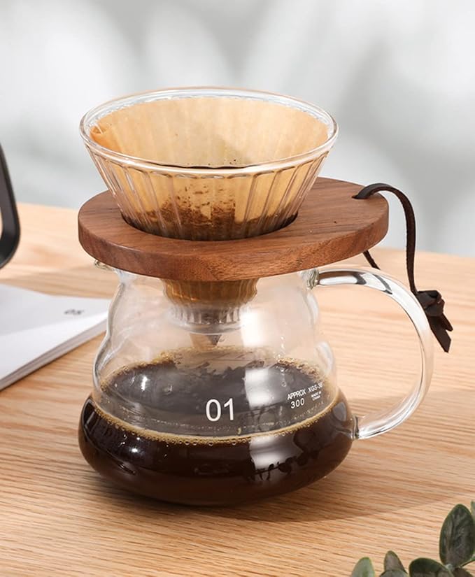 Pour Over Coffee Dripper V60 Glass Coffee Funnel Filter Reusable Cone Brewer with Black Walnut Wood Base Brewing Coffee Dripper Accessory for Coffee Pot Coffee Maker