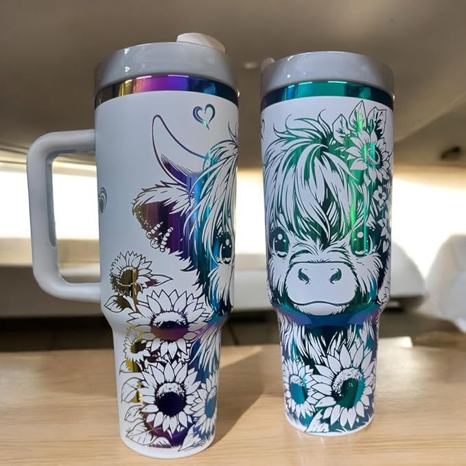 Western Engraved 40oz Tumbler, Tumbler with handle, Cowgirl Tumbler, Country Mug with Handle (White/Rainbow-Cute cow)