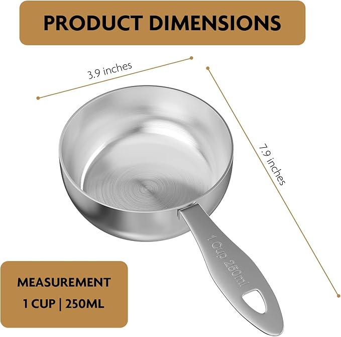 2PCS 1Cup(250ml) Stainless Steel Measuring Cup, Heavy-duty Single Metal Scoop for Wet and Dry Ingredients, Great Kitchen Gadgets for Cooking